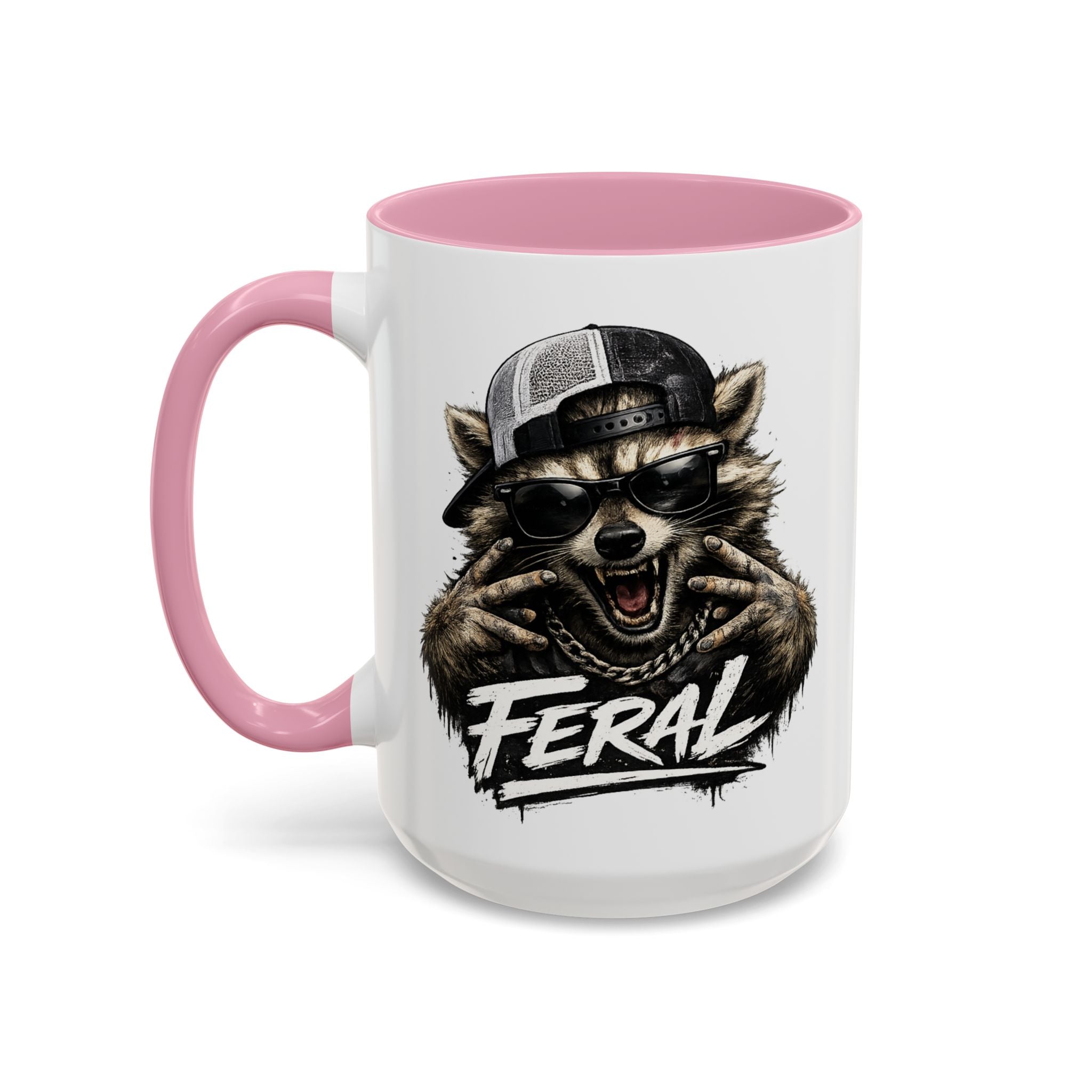 Feral Raccoon — pink interior and handle, 15 oz ceramic