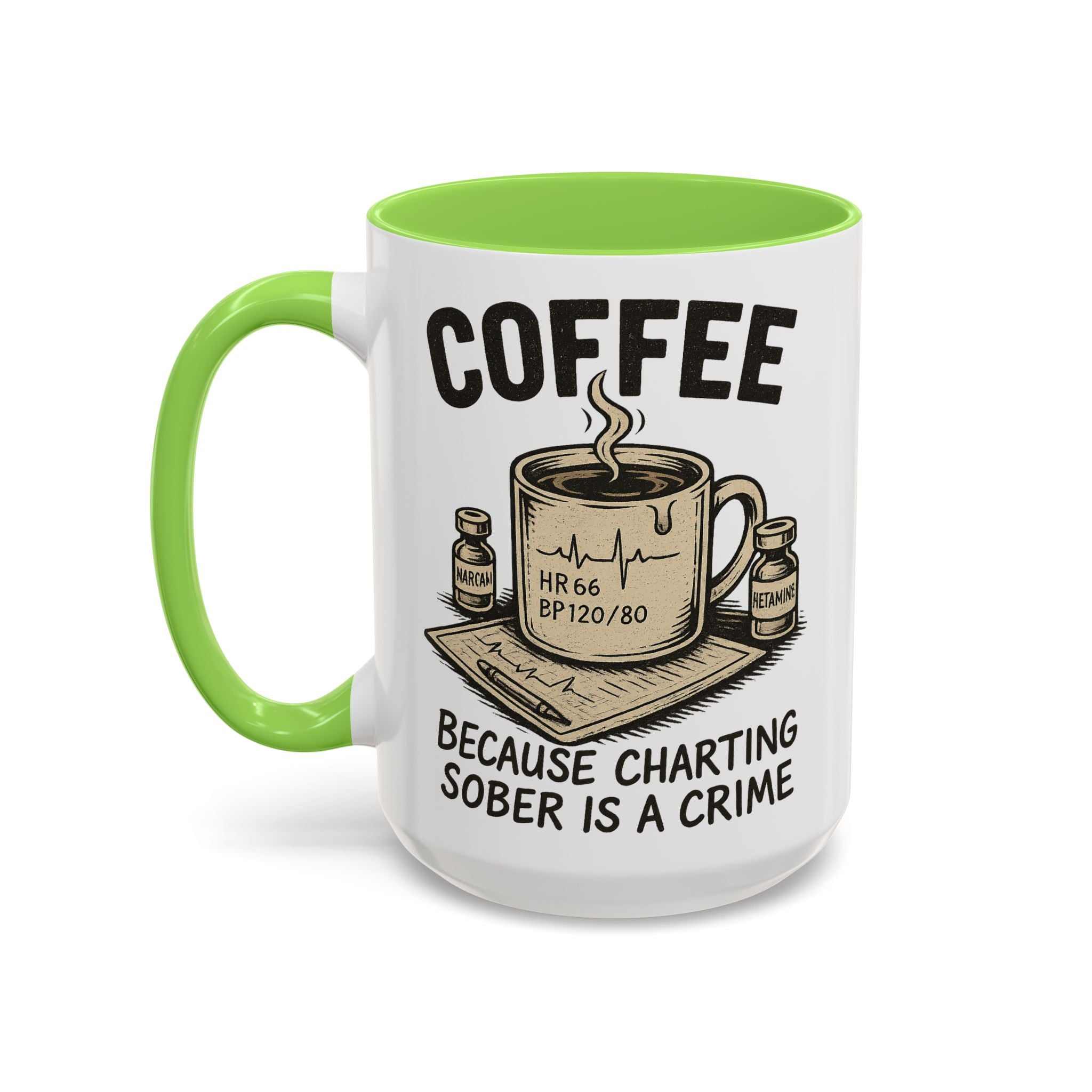 EMS Dark Humor Coffee Mug — light green interior and handle, 15 oz ceramic