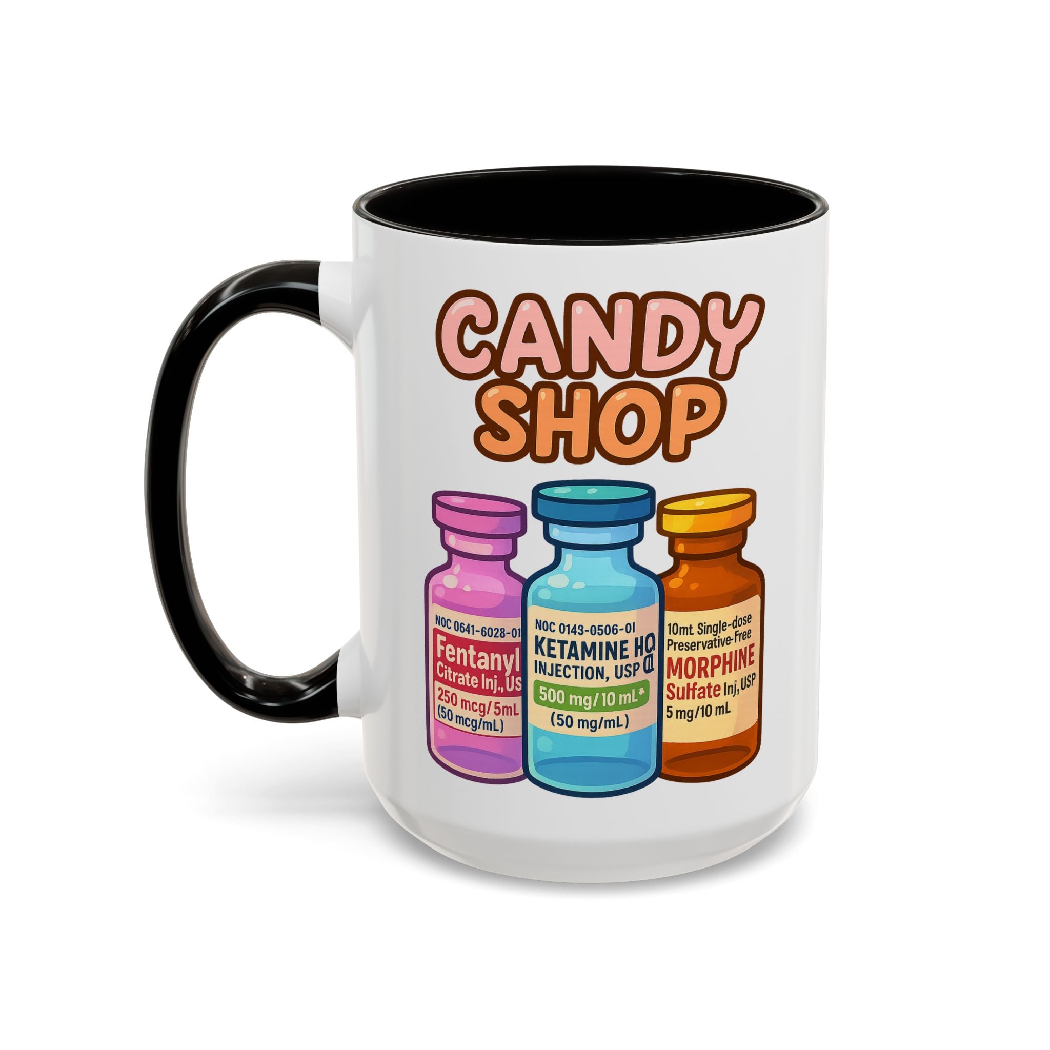 EMS Candy Shop Paramedic Mug — 15 oz EMS dark humor coffee mug, white ceramic with black interior