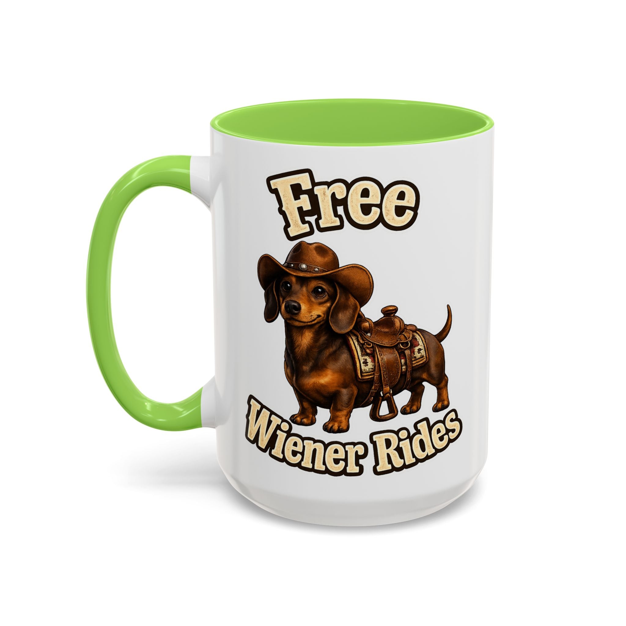 Cowboy Dachshund — light green interior and handle, 15 oz ceramic