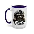 Feral Raccoon — blue interior and handle, left-handle view, 15 oz ceramic