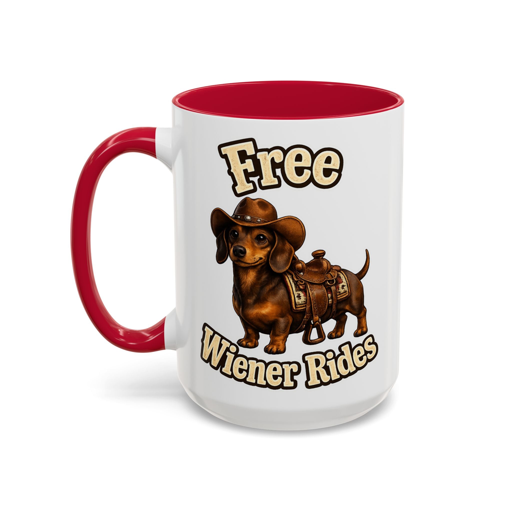 Cowboy Dachshund — red interior and handle, 15 oz ceramic