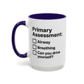 Primary Assessment Checklist — blue interior and handle, left-handle view, 15 oz ceramic