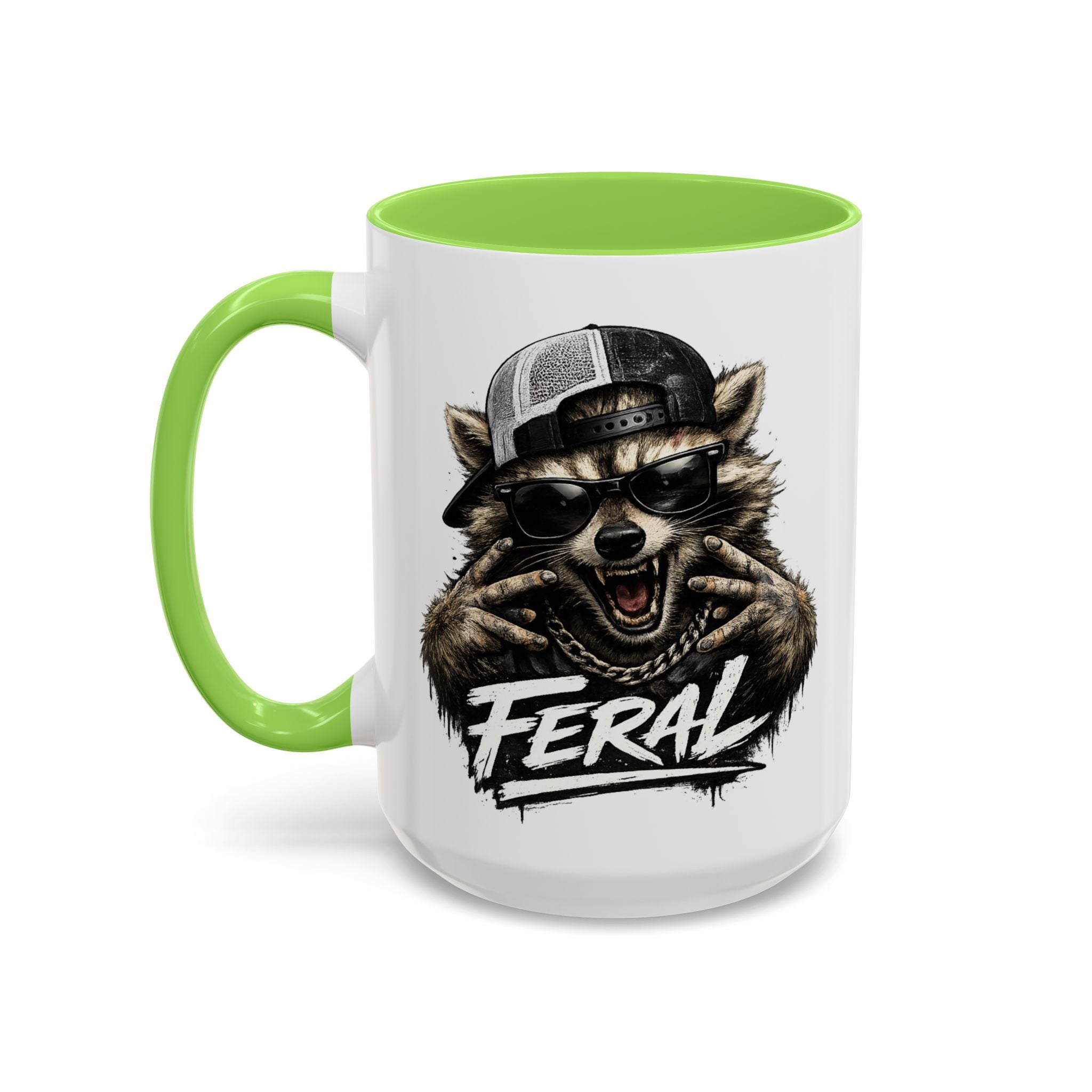 Feral Raccoon — light green interior and handle, 15 oz ceramic