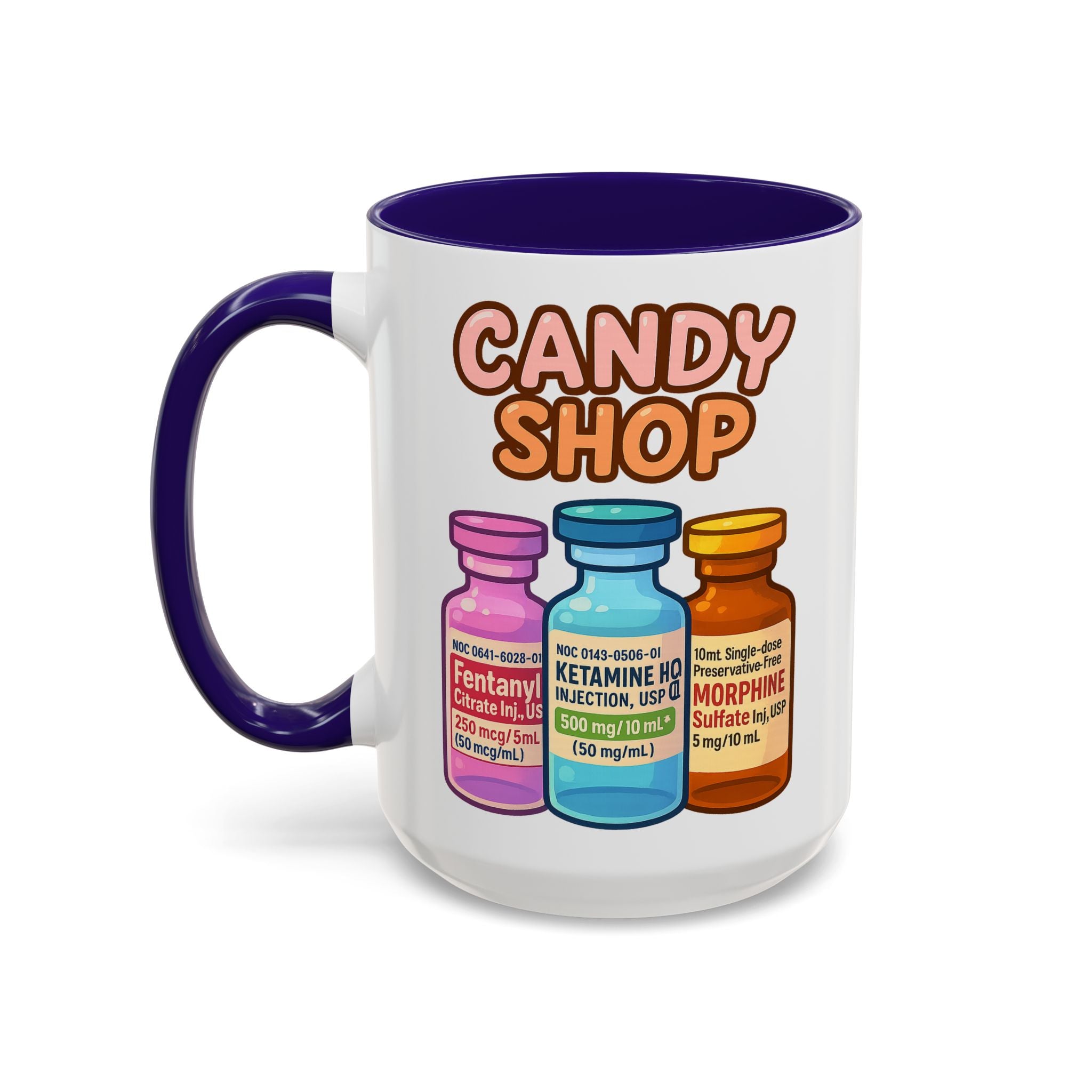 EMS Candy Shop Paramedic Mug — blue interior and handle, left-handle view, 15 oz ceramic