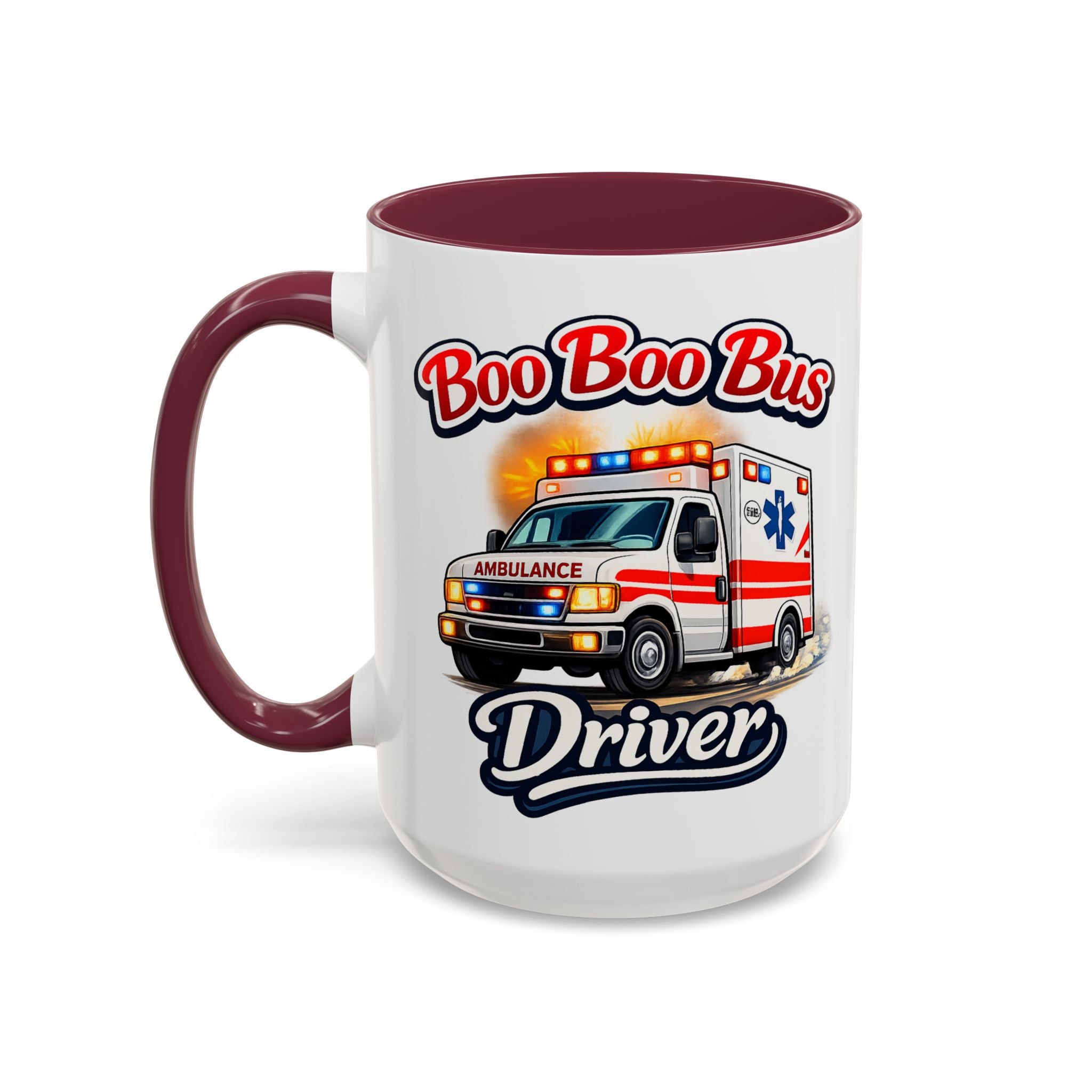 Boo Boo Bus Driver — maroon interior and handle, 15 oz ceramic
