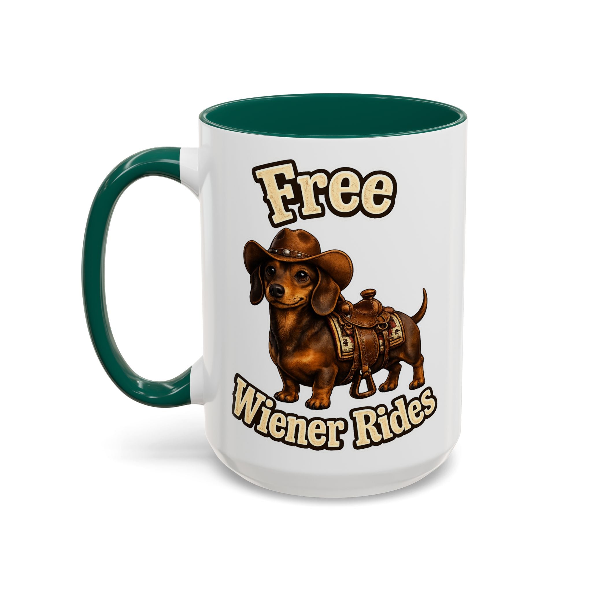 Cowboy Dachshund — dark green interior and handle, 15 oz ceramic