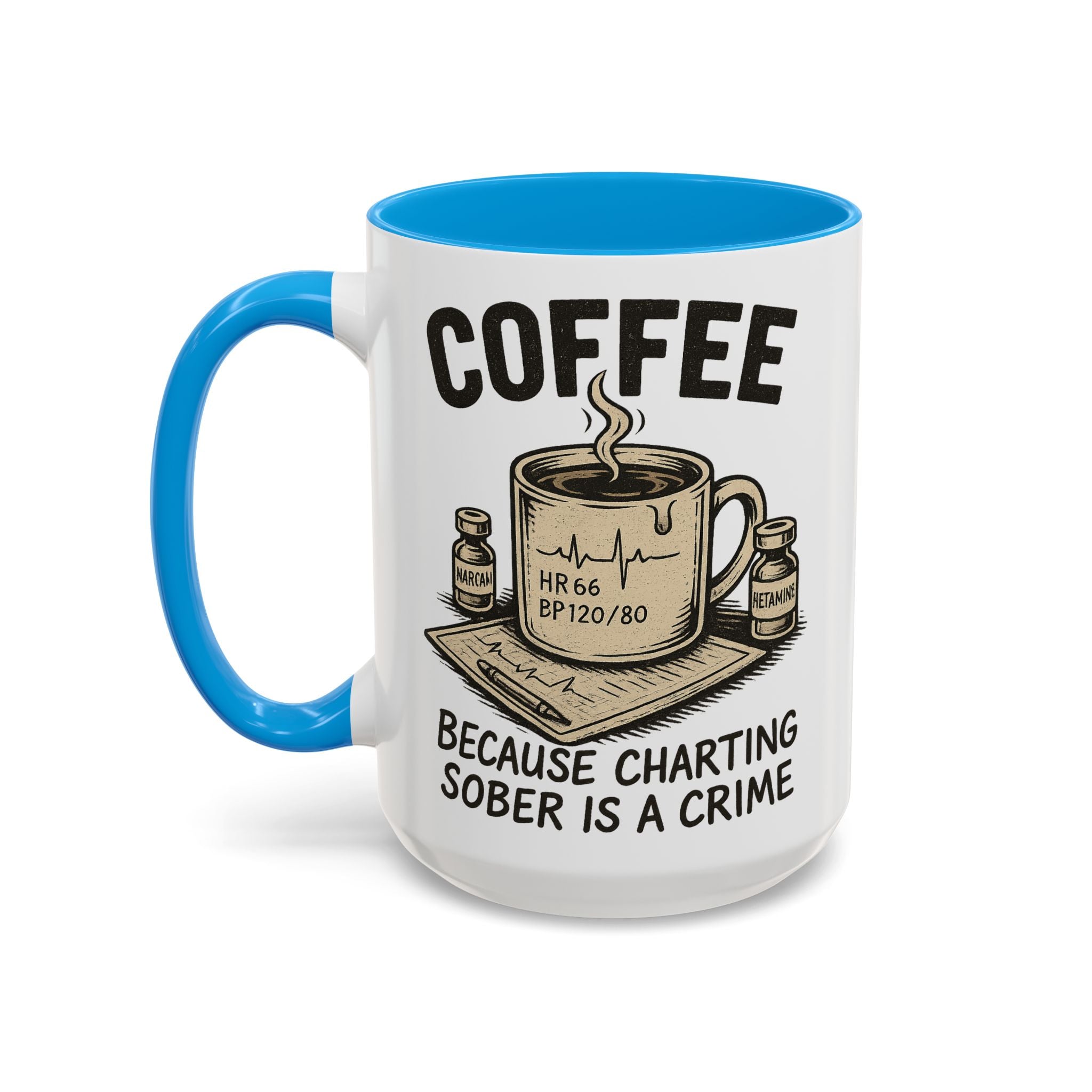 EMS Dark Humor Coffee Mug — blue interior and handle, front view, 15 oz ceramic