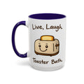 Live Laugh Toaster Bath — blue interior and handle, left-handle view, 15 oz ceramic