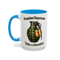 Complaint Department Take a Number — blue interior and handle, front view, 15 oz ceramic