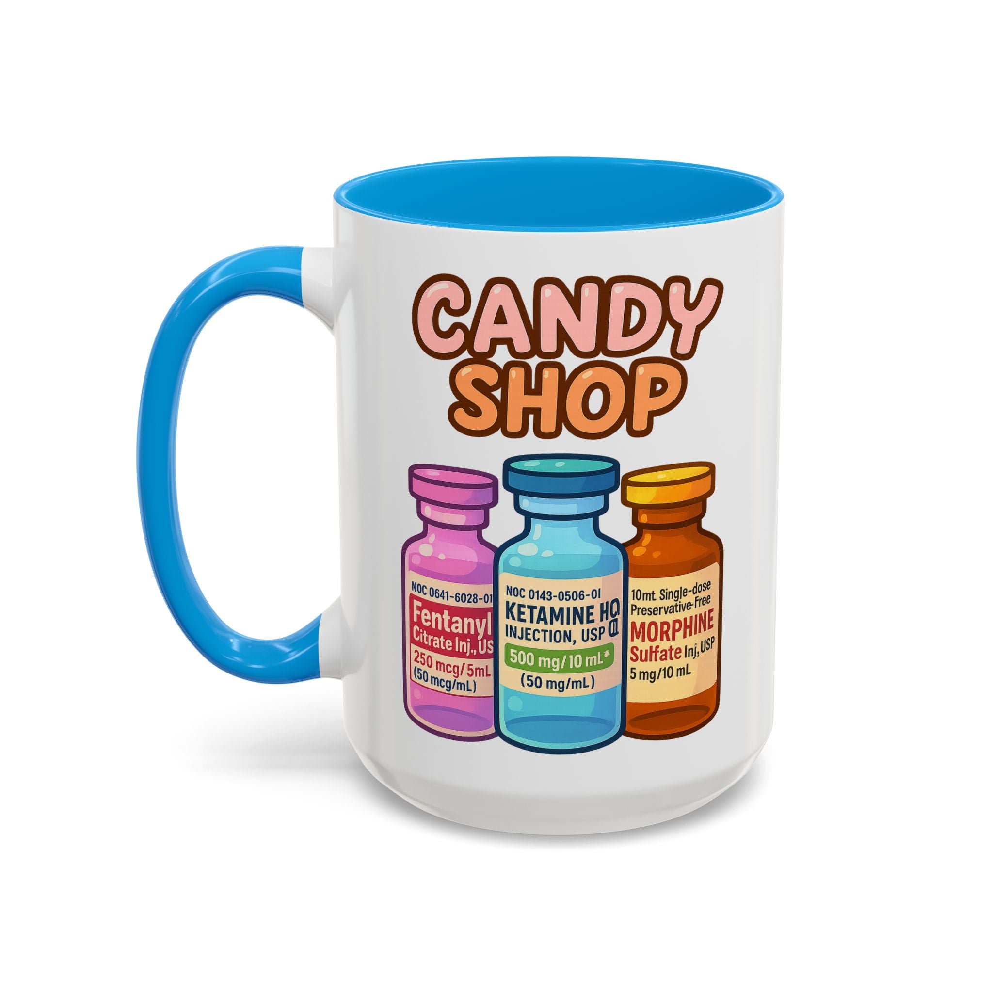 EMS Candy Shop Paramedic Mug — blue interior and handle, front view, 15 oz ceramic