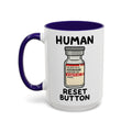 Human Reset Button — blue interior and handle, left-handle view, 15 oz ceramic