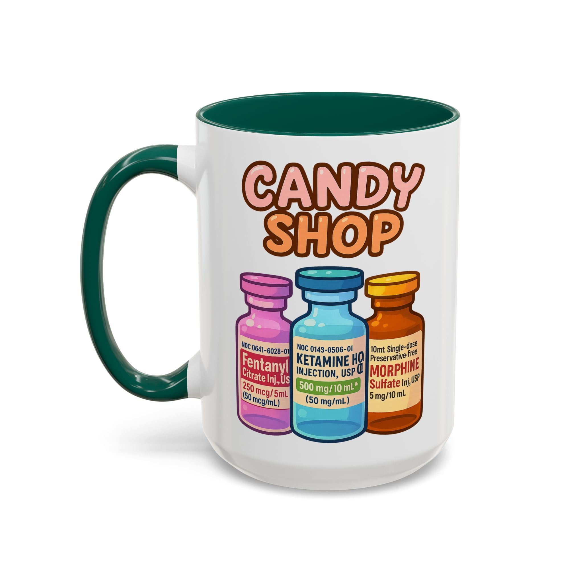 EMS Candy Shop Paramedic Mug — dark green interior and handle, 15 oz ceramic