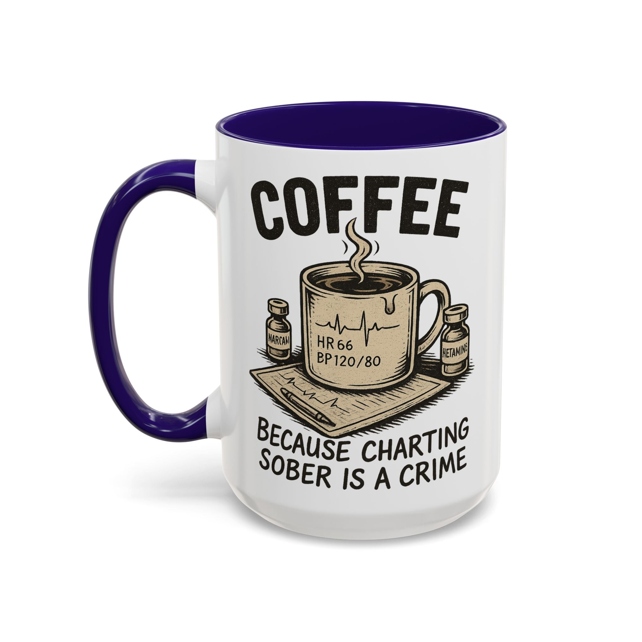 EMS Dark Humor Coffee Mug — blue interior and handle, left-handle view, 15 oz ceramic