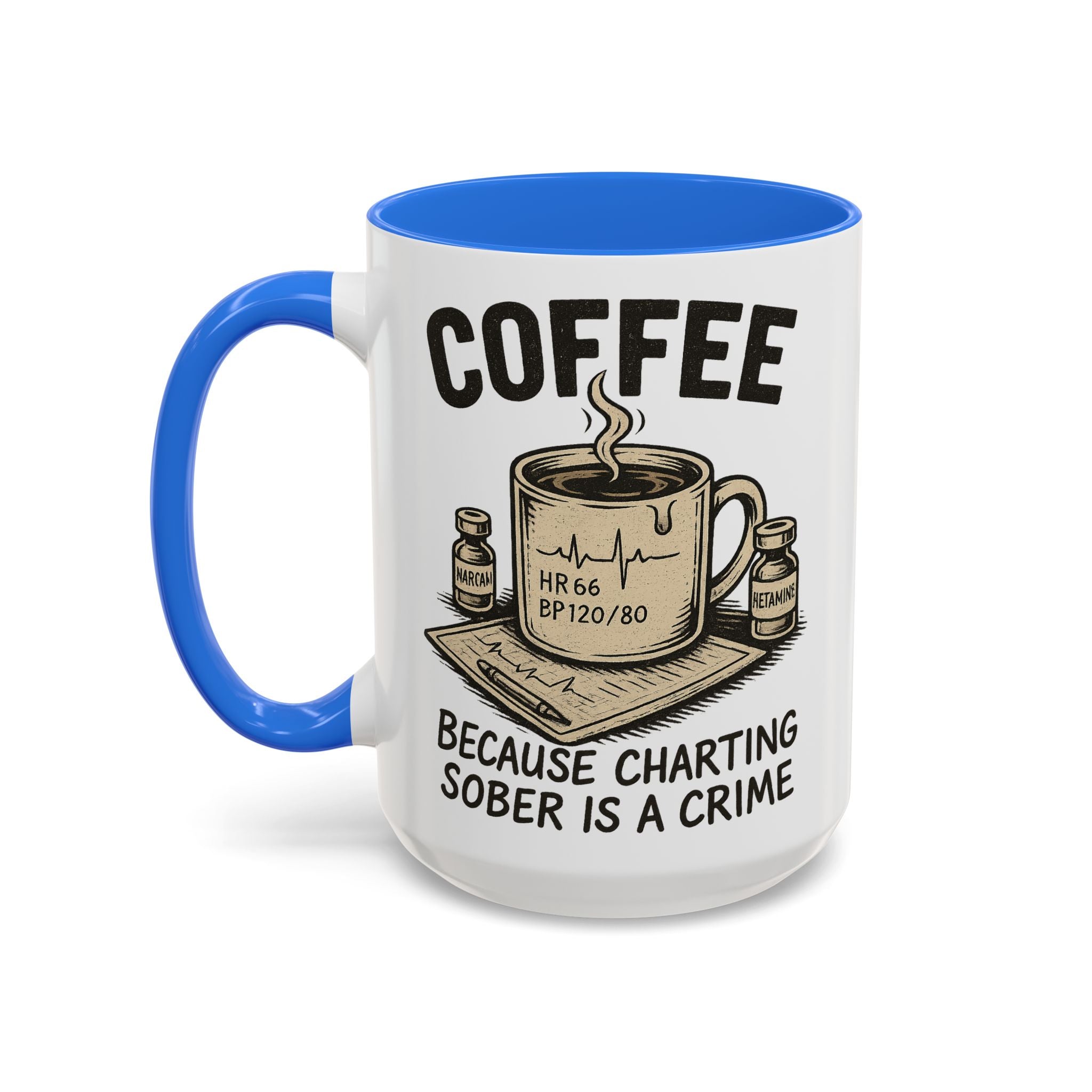 EMS Dark Humor Coffee Mug — blue interior and handle, 15 oz ceramic