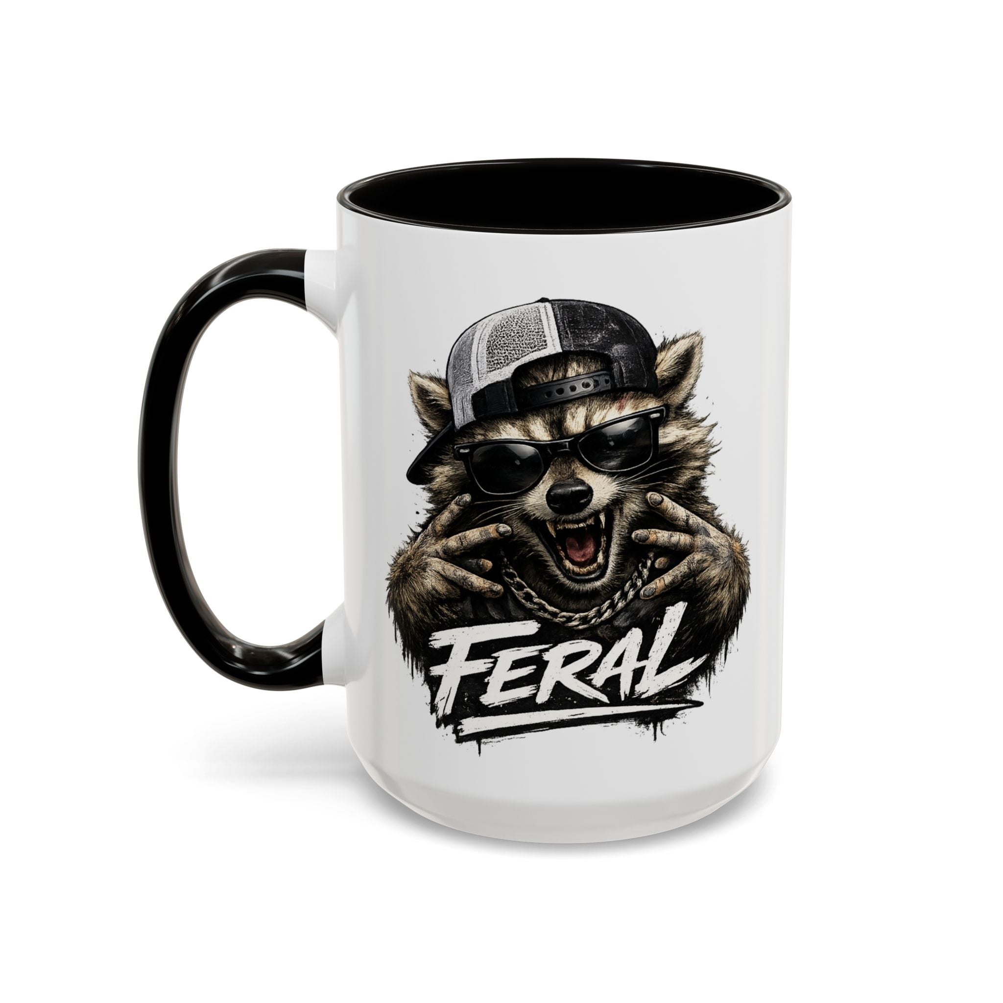 Feral Raccoon — 15 oz dark humor coffee mug, white ceramic with black interior