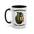 Complaint Department Take a Number — 15 oz military dark humor coffee mug, white ceramic with black interior