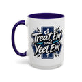 Treat Em and Yeet Em — blue interior and handle, left-handle view, 15 oz ceramic