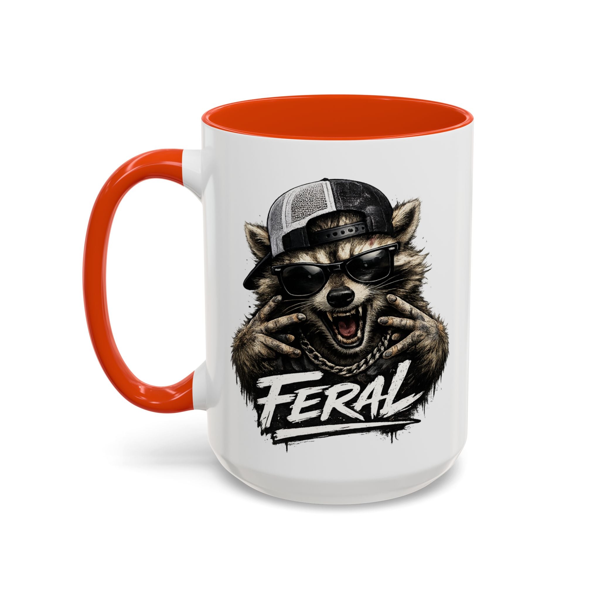 Feral Raccoon — orange interior and handle, 15 oz ceramic
