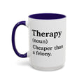 Therapy Definition — blue interior and handle, left-handle view, 15 oz ceramic
