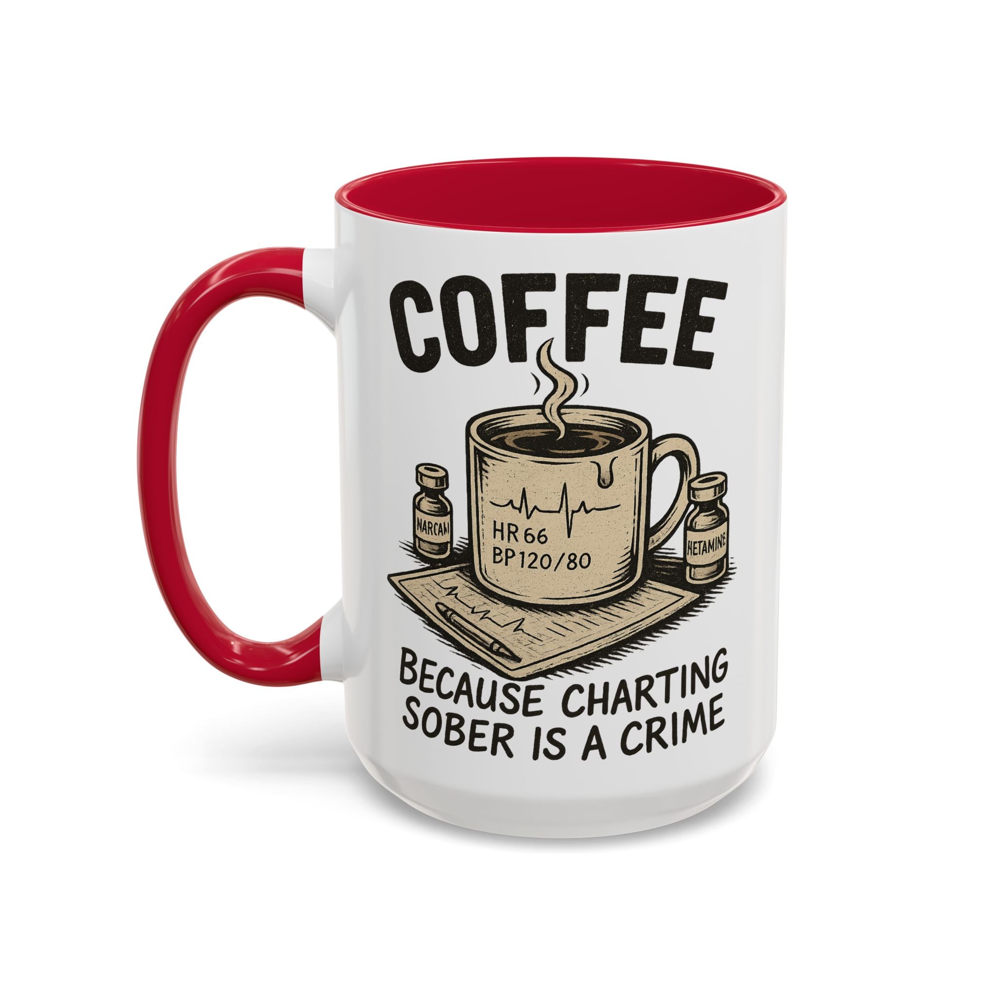 EMS Dark Humor Coffee Mug — red interior and handle, 15 oz ceramic
