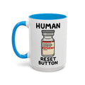 Human Reset Button — blue interior and handle, front view, 15 oz ceramic
