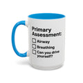 Primary Assessment Checklist — blue interior and handle, front view, 15 oz ceramic