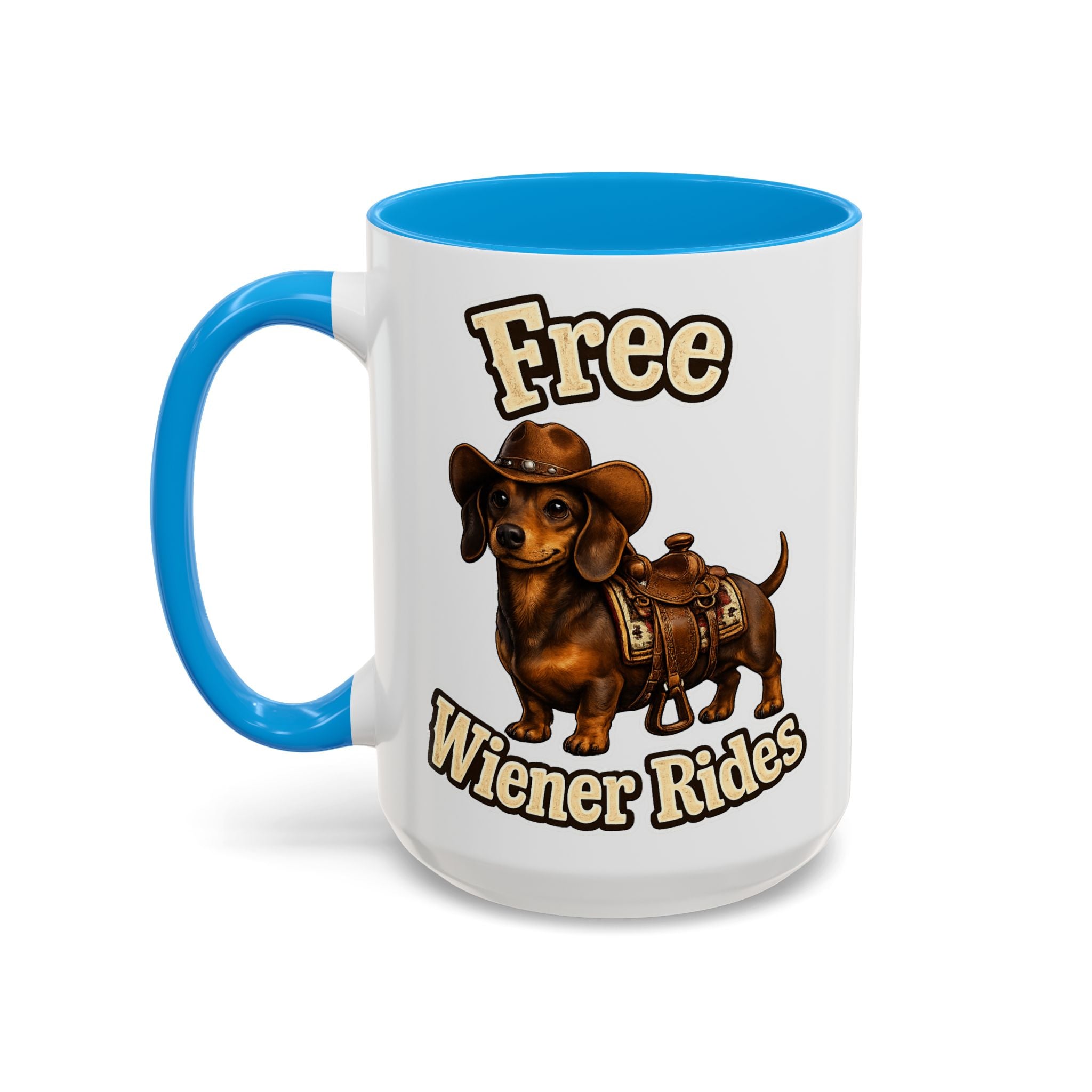 Cowboy Dachshund — blue interior and handle, front view, 15 oz ceramic