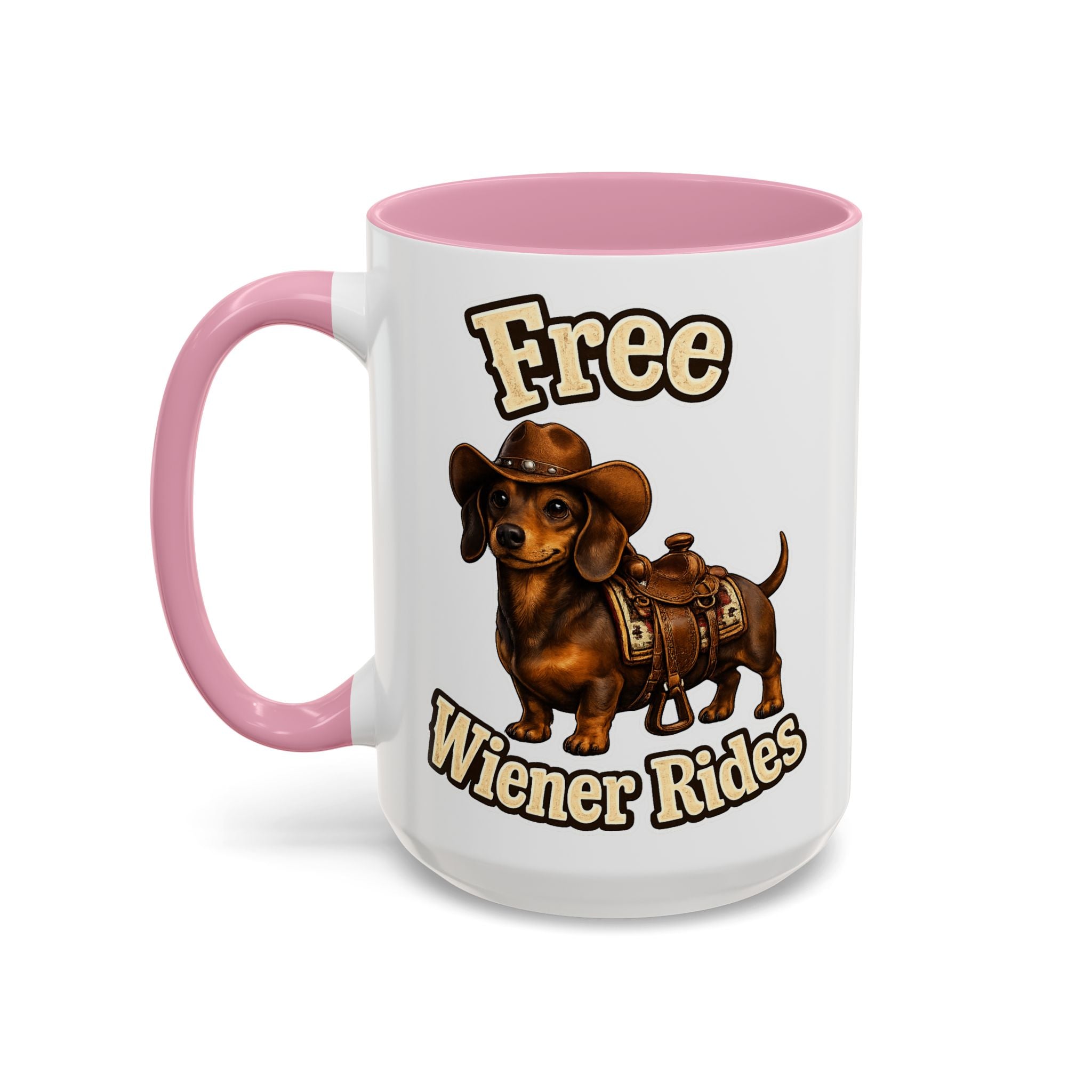 Cowboy Dachshund — pink interior and handle, 15 oz ceramic