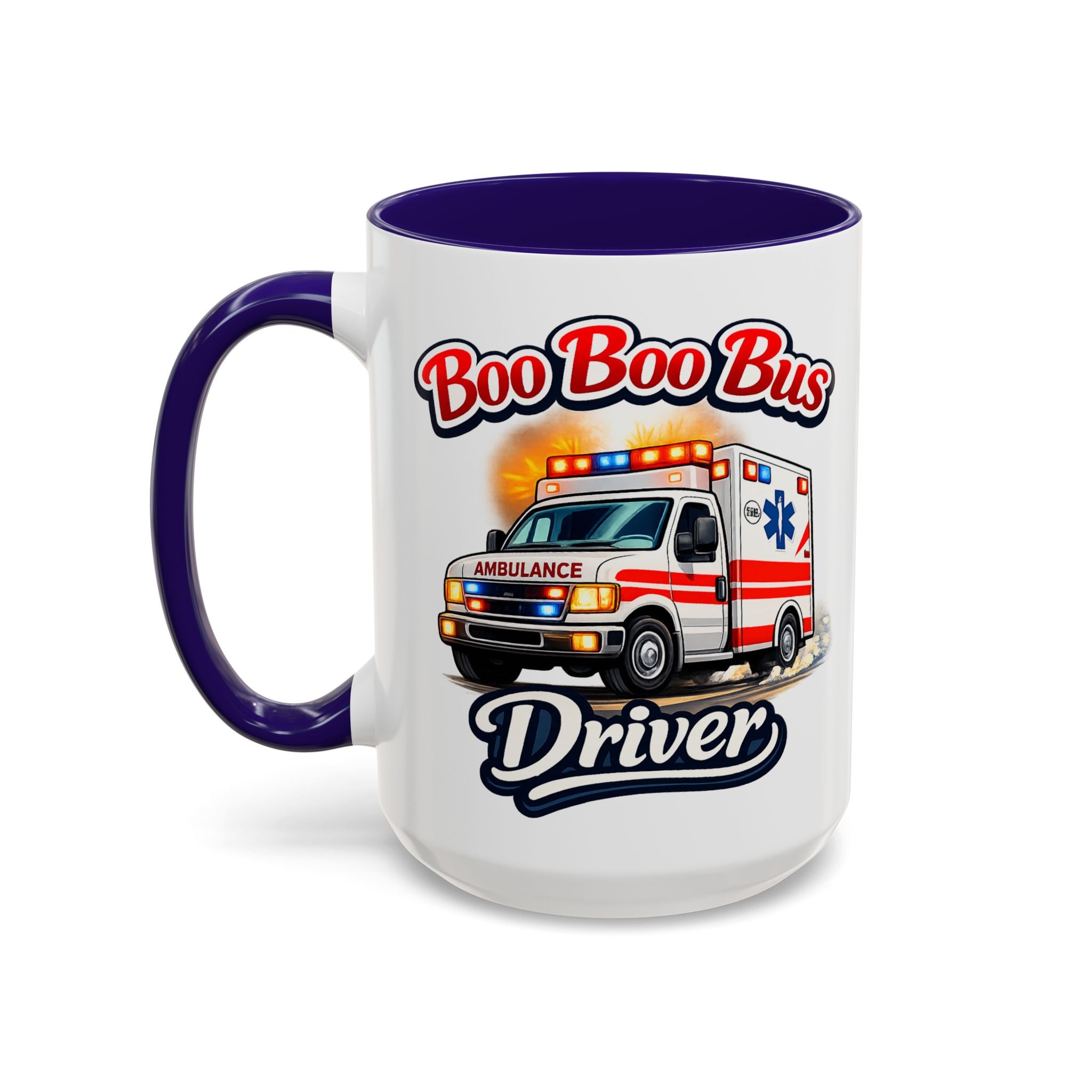 Boo Boo Bus Driver — blue interior and handle, left-handle view, 15 oz ceramic