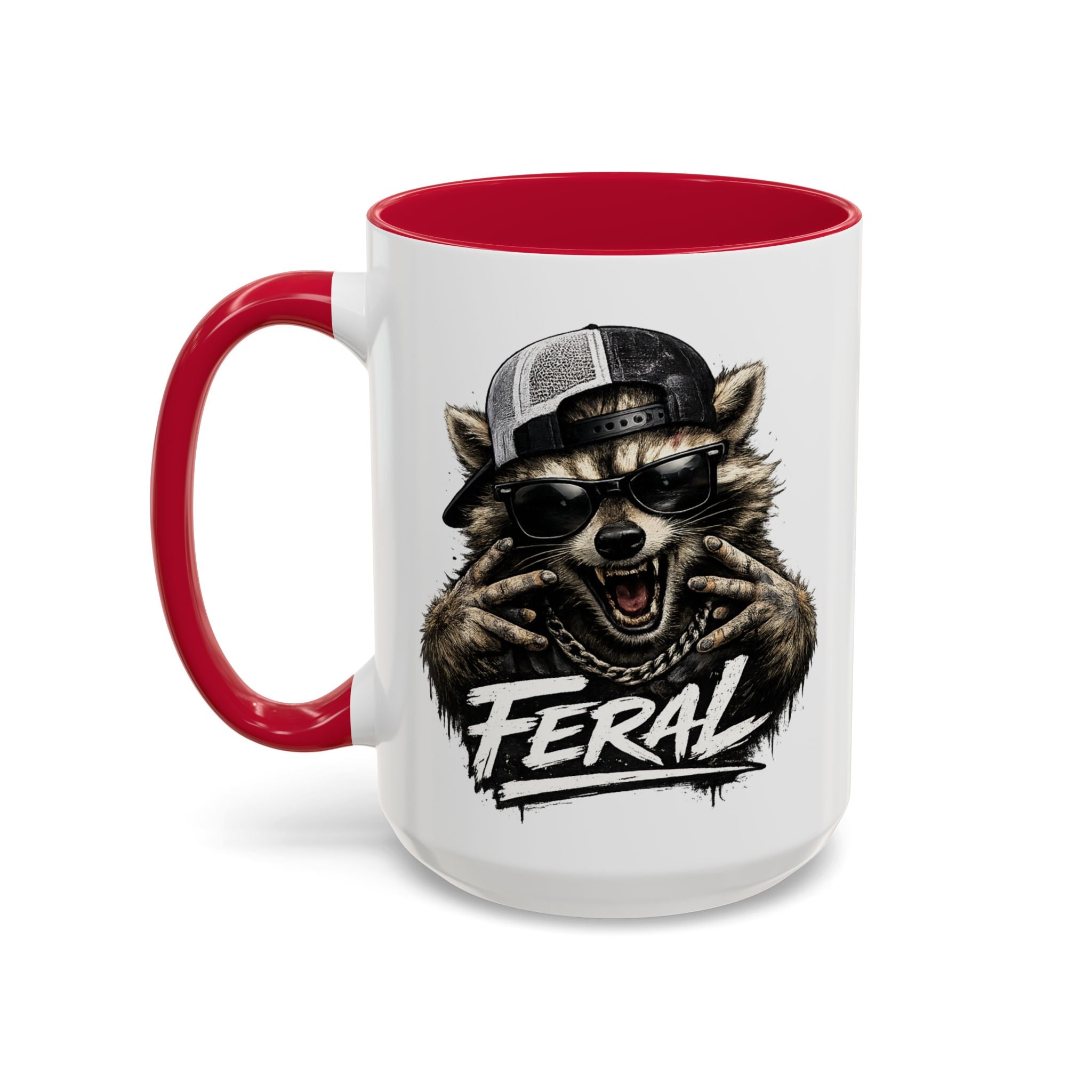 Feral Raccoon — red interior and handle, 15 oz ceramic