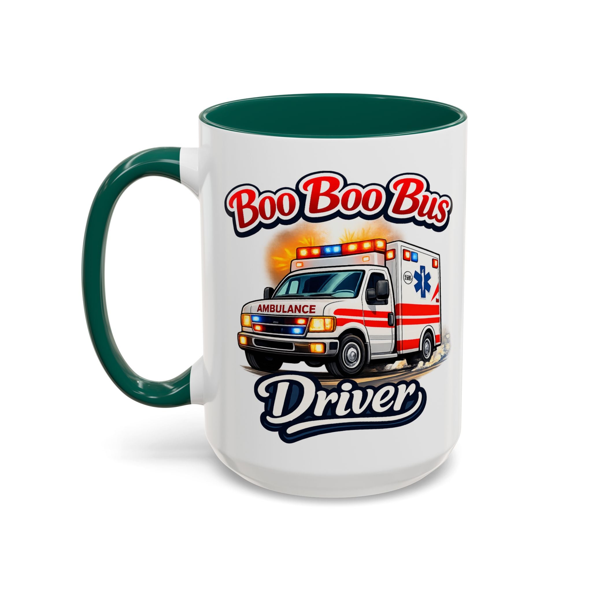 Boo Boo Bus Driver — dark green interior and handle, 15 oz ceramic