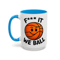 We Ball Mug — blue interior and handle, front view, 15 oz ceramic