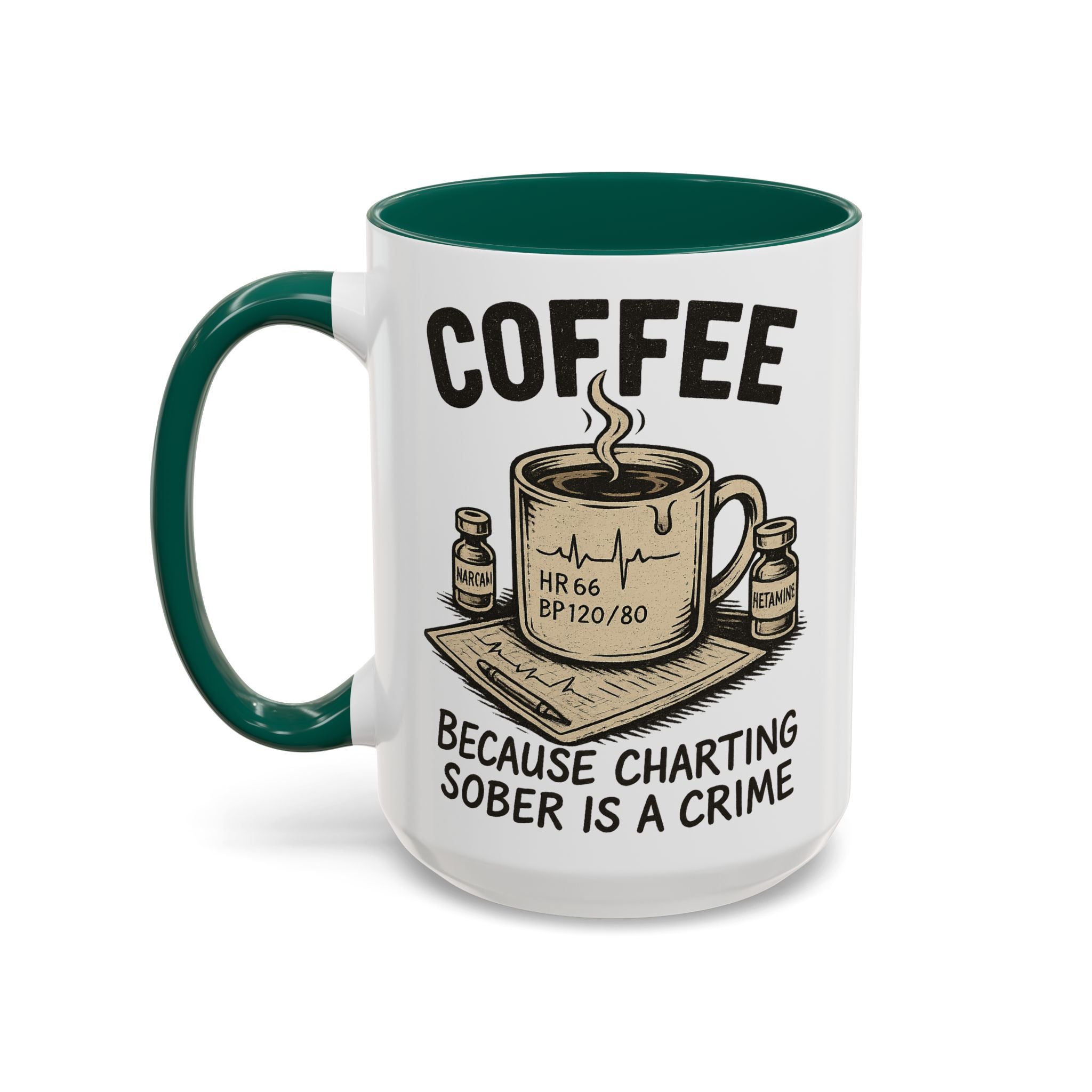 EMS Dark Humor Coffee Mug — dark green interior and handle, 15 oz ceramic